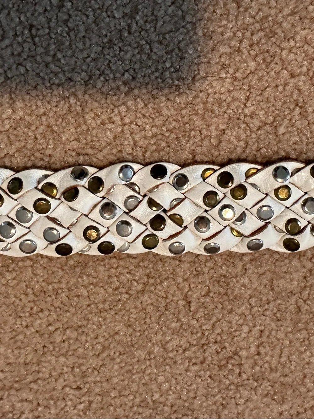 Vintage Sand Castle USA Studded Woven White Leather Belt with Metal Grommets
